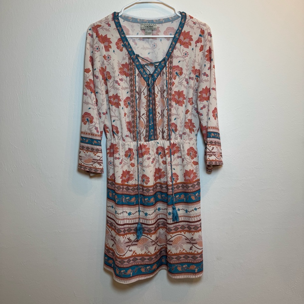 Flying Tomato Women's Size‎ L Boho Floral 3/4 Sleeve Dress Tassel V‑Neck Chic